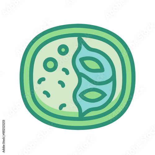 Flat design illustration of a light green bowl with leaves and small circles