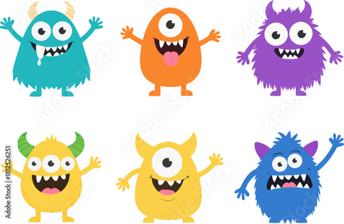 Cute cartoon monsters set with funny faces and silly expressions for kids design