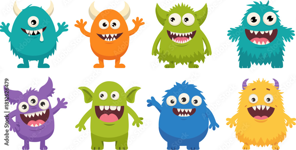 Fototapeta premium Cute cartoon monsters set happy playful characters isolated on white background