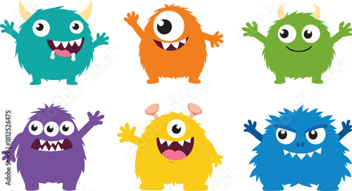 Six adorable fuzzy monsters with playful expressions and bright colors