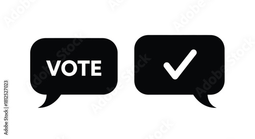 Two speech bubbles one with vote text and the other with a checkmark