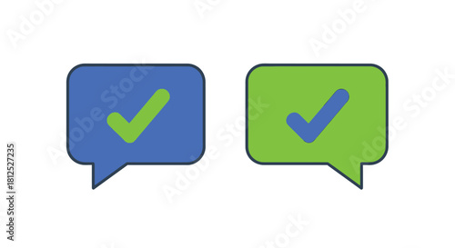 Two speech bubbles one blue and one green each containing a checkmark