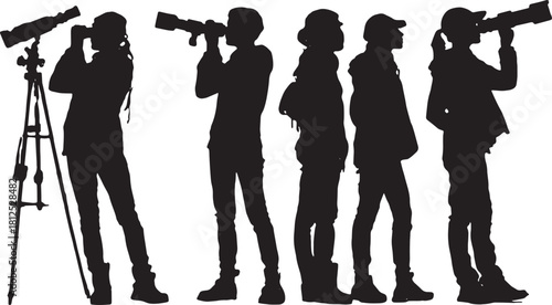 Black Solid Science Media Students Silhouettes Set of Six on Whi