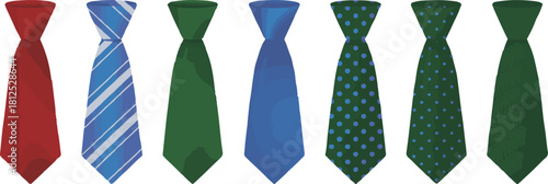 Collection of seven colorful neckties vector illustration featuring various patterns and solid colors for formal wear