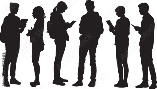 Black Solid Students Tablet Study Silhouettes Set of Six on Whit