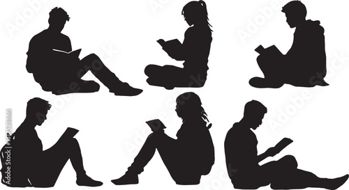 Black Solid Students Reading on Floor Silhouettes Set of Six on