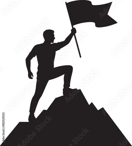 Silhouette of man on mountain peak holding flag representing success achievement