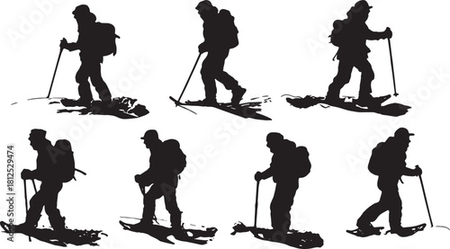 Black Solid Snowshoeing Silhouettes Set of Six on White Backgrou