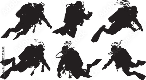 Black Solid Scuba Diving Silhouettes Set of Six on White Backgro