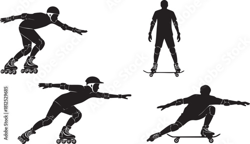 Silhouette of people roller skating and skateboarding in black vector style