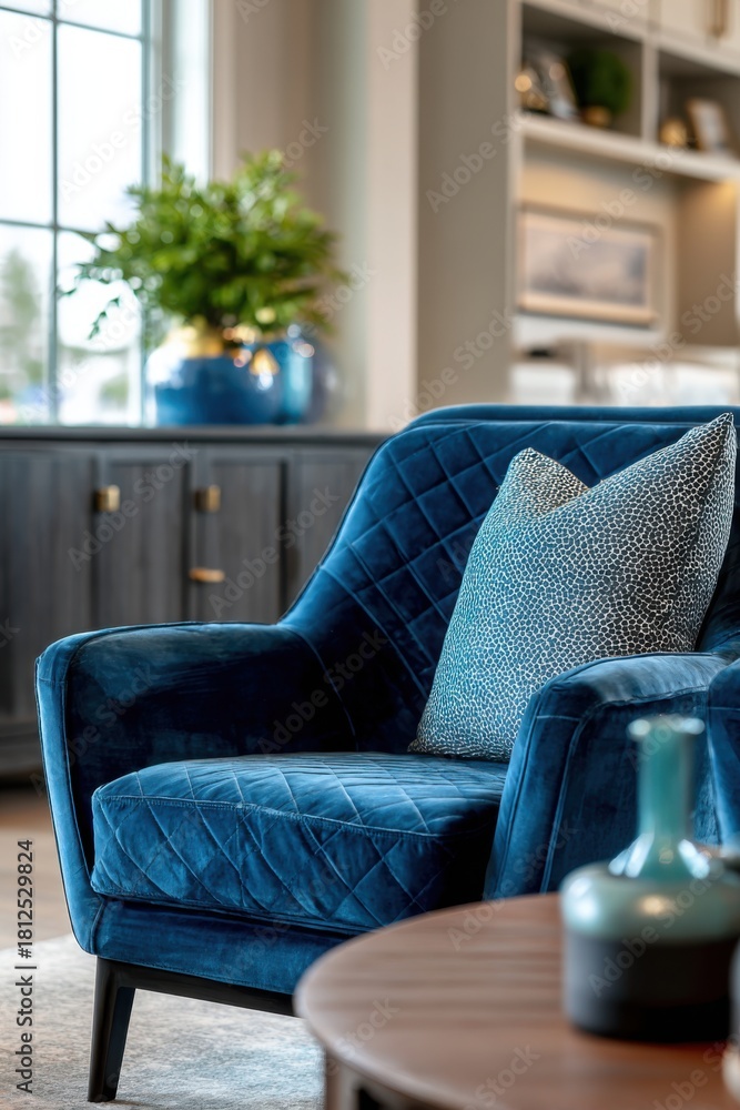 Obraz premium Stylish blue velvet chair with decorative pillow next to a wooden table and modern decorative vase in a bright, cozy living room