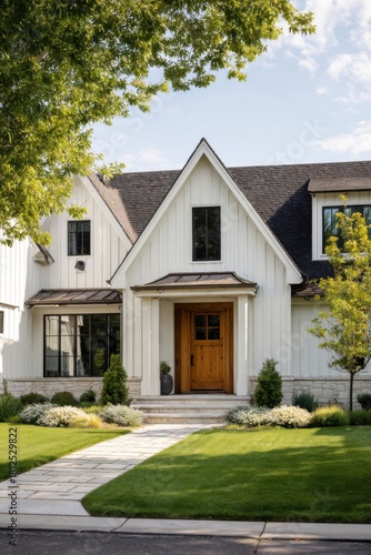 Wallpaper Mural A delightful white farmhouse featuring a rustic wooden door, surrounded by a beautifully landscaped front yard, set in a sunny neighborhood under a clear blue sky during daytime Torontodigital.ca