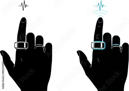 Smart Ring Wearable Technology Silhouette - Hand with Health Tracker Device Black Vector Icon for Fitness Monitoring