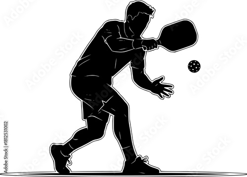 Pickleball Player Silhouette Action Shot - Rectangular Paddle & Perforated Ball Black Vector Icon for Trending Sport