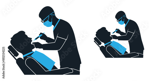 Dental care illustration showing a dentist examining two patients in chairs