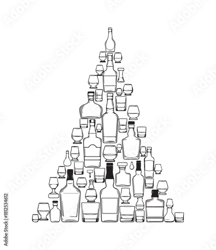Whisky bottle christmas tree with glass ornament silhouettes on white