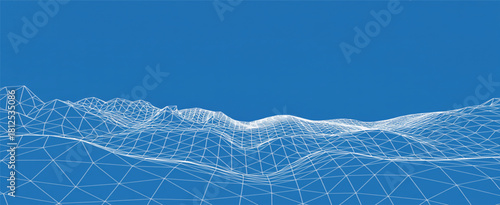 Digital wireframe terrain vector visualization representing a data landscape or scientific topography on blue background