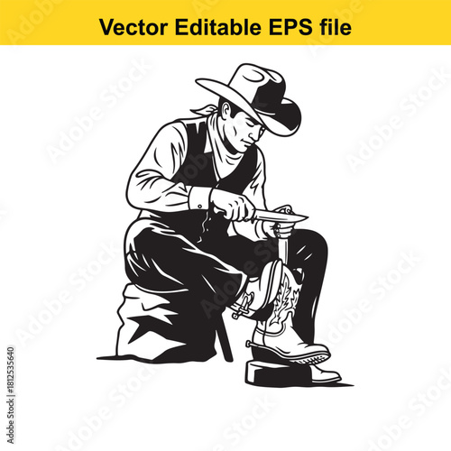 Black and white vector illustration of a cowboy sitting down carefully sharpening the blade of a knife while working on his boot