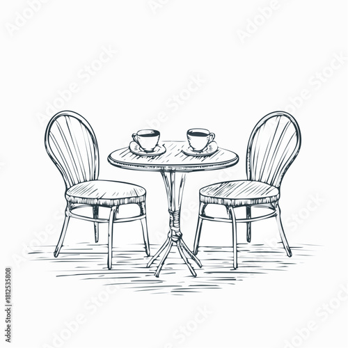 Hand-drawn black and white sketch of a street café setting with two chairs, a round bistro table, and tea cups, styled like a vacation postcard.