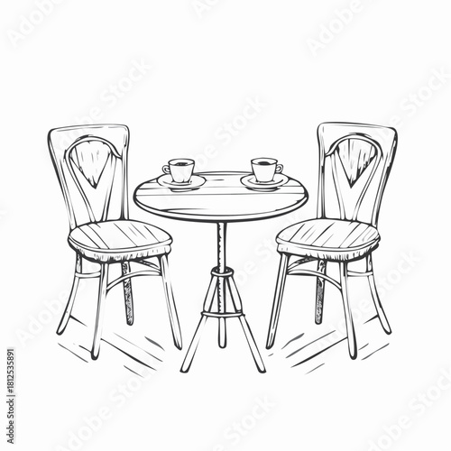 Hand-drawn black and white sketch of a street café setting with two chairs, a round bistro table, and tea cups, styled like a vacation postcard.