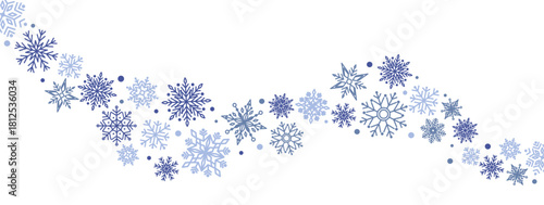 Winter border with light blue snowflakes on white background. Minimal festive garland for Christmas and New Year decoration. Frosty elegant design for greeting card or banner. Flat simple illustration