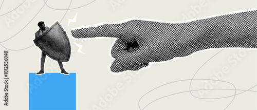 Halftone business person blocking a giant pointing finger with a shield symbolising pressure protection and resilience