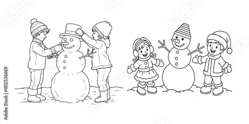 Children building and posing with snowmen, winter fun activity Vector