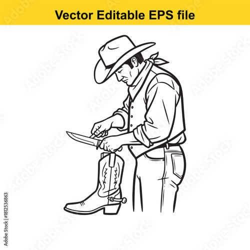 Black and white line art vector illustration of a cowboy sharpening a knife while holding a cowboy boot, isolated on