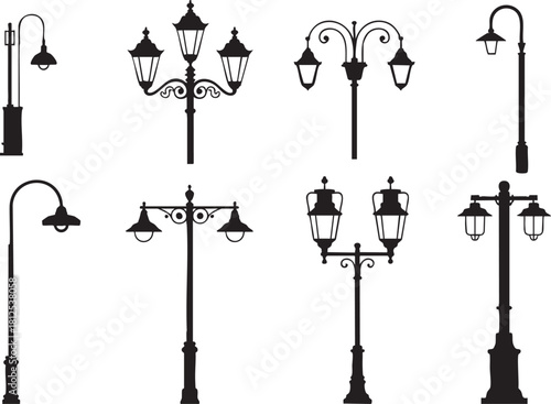 Collection of Street Lamps Decorative Outdoor Lighting Black and White Silhouette