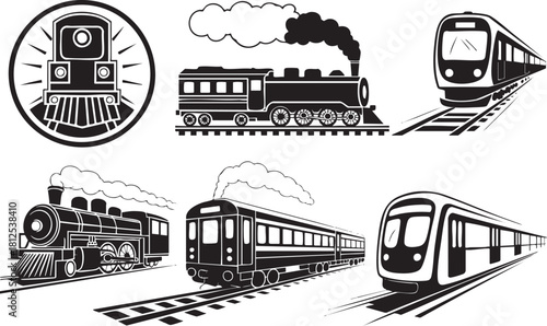 Collection of Train Vector Illustrations in Black and White Style