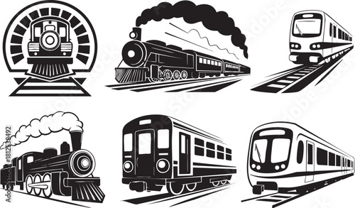 Collection of train vector illustrations in black and white style