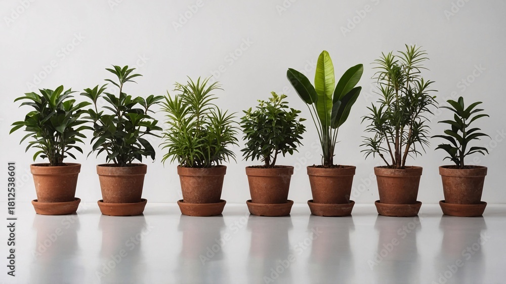 Fototapeta premium A serene display of diverse indoor plants in terracotta pots against a minimalist background.