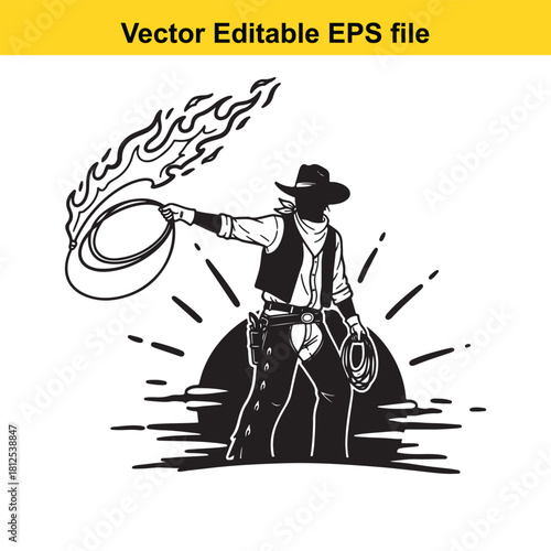 Black and white vector illustration of a cowboy swinging a flaming lasso against a stylized sunset or sunburst, isolated on