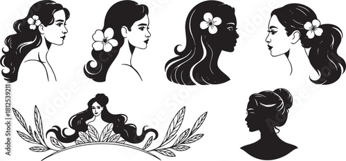 Elegant Woman Silhouettes with Floral Accents Black and White Vector Design