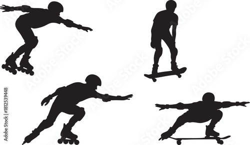 Extreme sports silhouette featuring skateboarders and inline skaters on white background