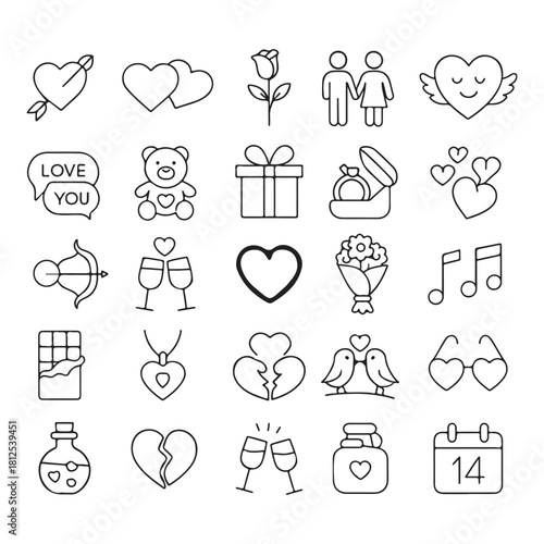 Romantic Love Icons Collection Featuring Hearts, Gifts, Couples, and Celebration Symbols