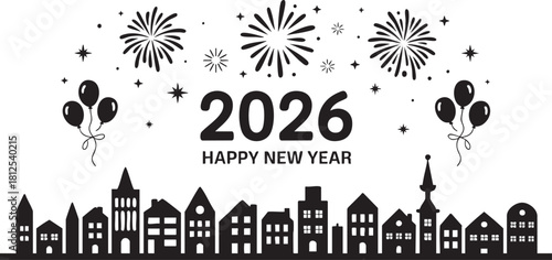 Happy New Year 2026 Celebration with Fireworks and City Skyline Silhouette