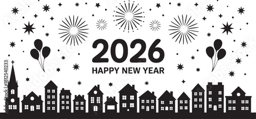 Happy New Year 2026 urban landscape celebration design festive elements