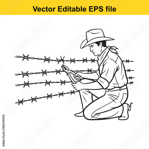Black and white line art vector illustration of a cowboy or rancher kneeling down to repair or cut barbed wire fence with pliers, isolated on