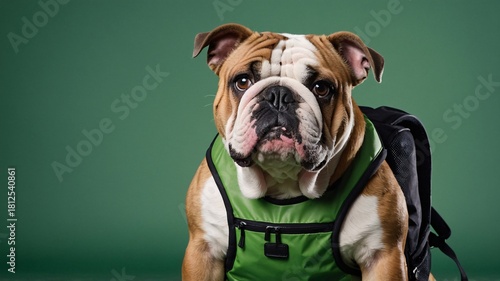 A charming English Bulldog with a distinctive wrinkled face, sporting a green backpack against a vibrant green background.