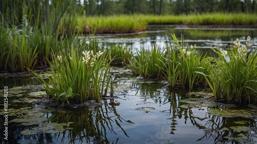 Lush green wetlands with vibrant wildflowers reflecting in calm water.