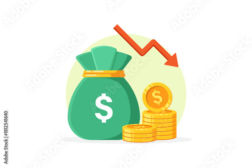 vector illustration of a money bag and a stack of gold coins with a red downward arrow, depicting a decline in value or a market downturn. Ideal for finance, economics, investing, or business topics.