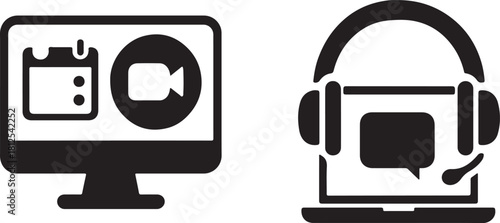Desktop Computer with Calendar and Live Meeting Camera Icon in Minimal Clean Vector Silhouette Style.