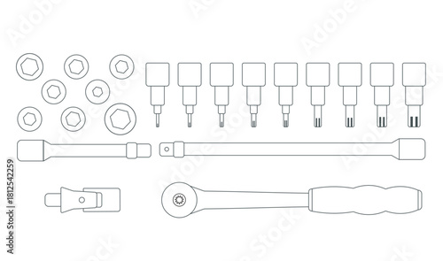 Key-lined Socket wrench kit + bolts – easy to edit stock illustration