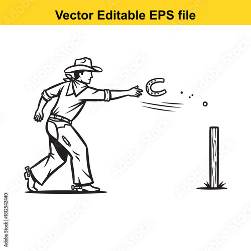 Vector editable eps file of a cowboy playing horseshoes, throwing a horseshoe towards a stake in a classic western game illustration