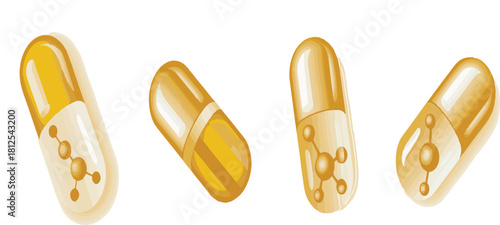 Four golden vitamin capsules vector with molecular structure icons isolated on a dark background