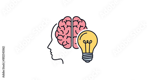 Human head profile with a brain and glowing lightbulb inside