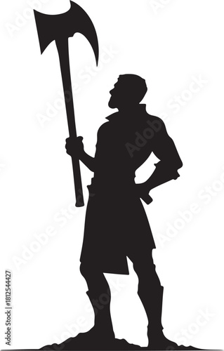 Black silhouette of a bearded man holding a large axe