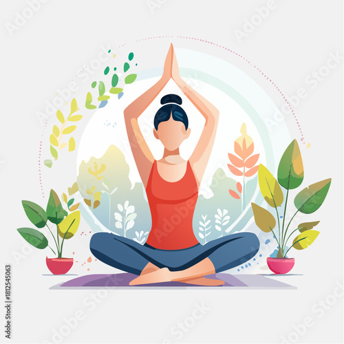 Yoga Woman Meditation Illustration with Plants