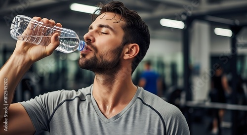 Man drinking water from a plastic bottle in a gym after workout staying hydrated and refreshed after exercise